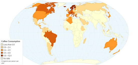 wereldkaart: koffieconsumptie