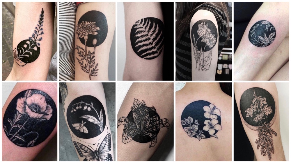 “Negative space tattoos” | bloemen in zwarte cirkels